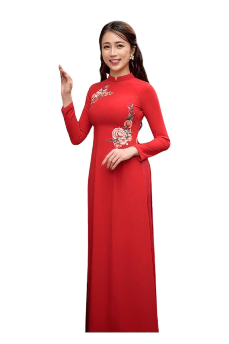 Red Embroidered Traditional Dress | Traditional Ao Dai Vietnamese| Áo Dài Truyền Thống-KN25
