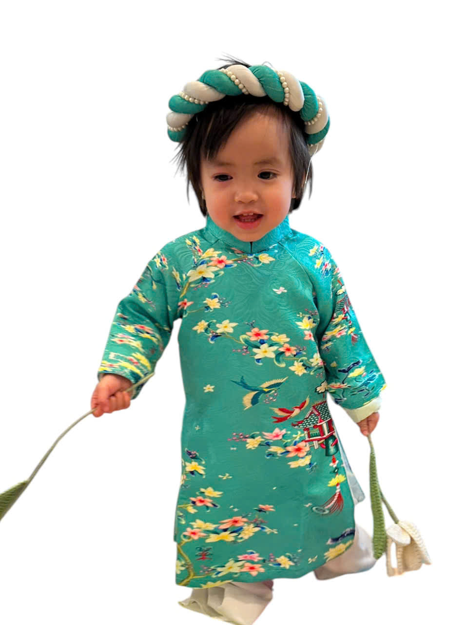 vietnamese dress for new year Blue Girl Ao Dai Gấm Set | Pre-made Traditional Vietnamese Ao Dai