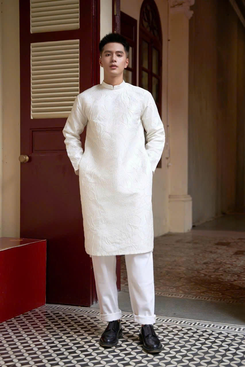 Men Dress | White Lily Hidden Pattern Modernzed Ao Dai For Men | Áo Dài Nam Men Dress | White Lily Hidden Pattern Modernzed Ao Dai For Men | Áo Dài Nam