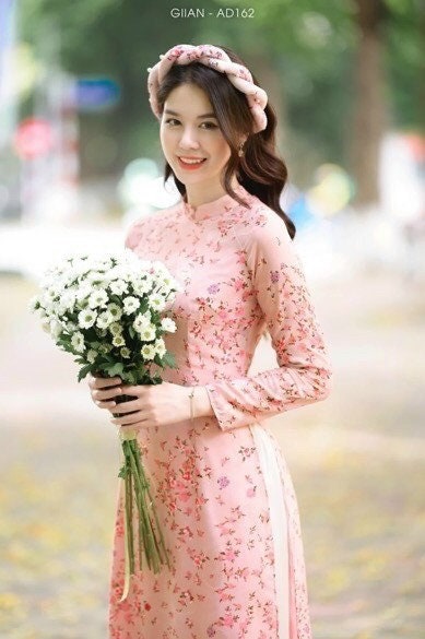 Pre-made: Pink/green Vietnamese Dress 4 Layers Small Flowers aodai