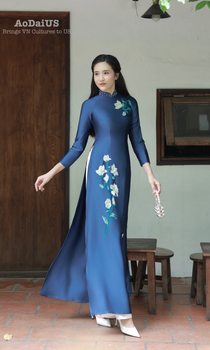 Blue Magnolia Traditional Vietnamese Ao Dai Dress with Crystal Beading Ao Dai US Blue Magnolia Traditional Vietnamese Ao Dai Dress with Crystal Beading Ao Dai US