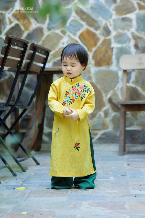 Vietnamese Ao Dai Yellow Floral Dress | Mother Daughter Matching Tet Outfit B5