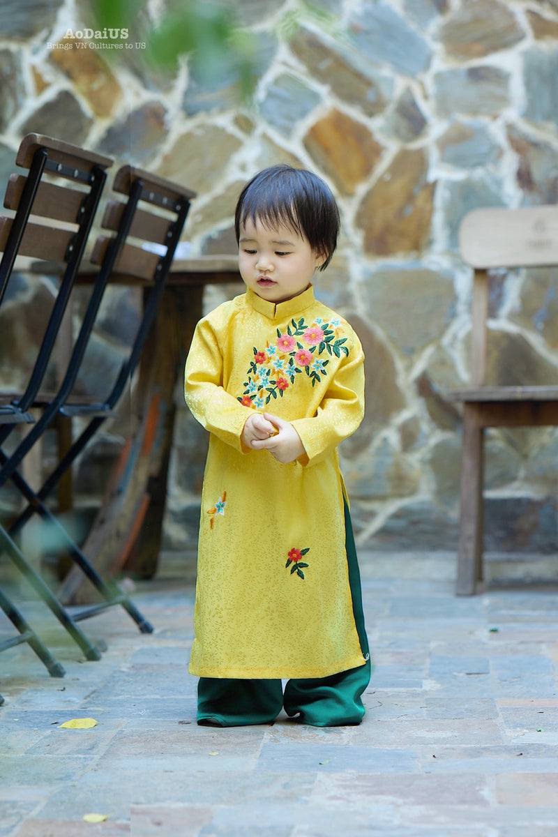 Vietnamese Ao Dai Yellow Floral Dress | Mother Daughter Matching Tet Outfit B5