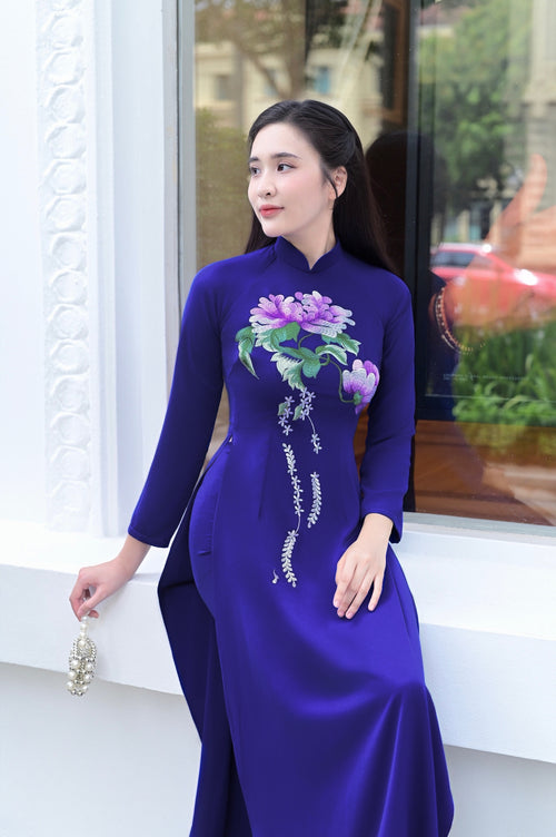 Sapphire Blossom Ao Dai Vietnamese Traditional Ao Dai No Pants C11
