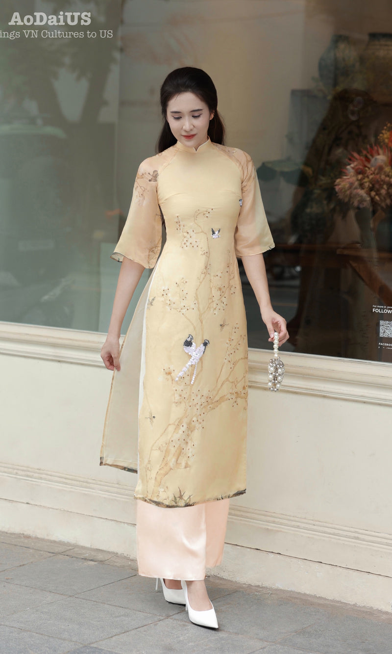Xuan Ky Modern Ao Dai with Crystal Embellished Birds Flowers Set