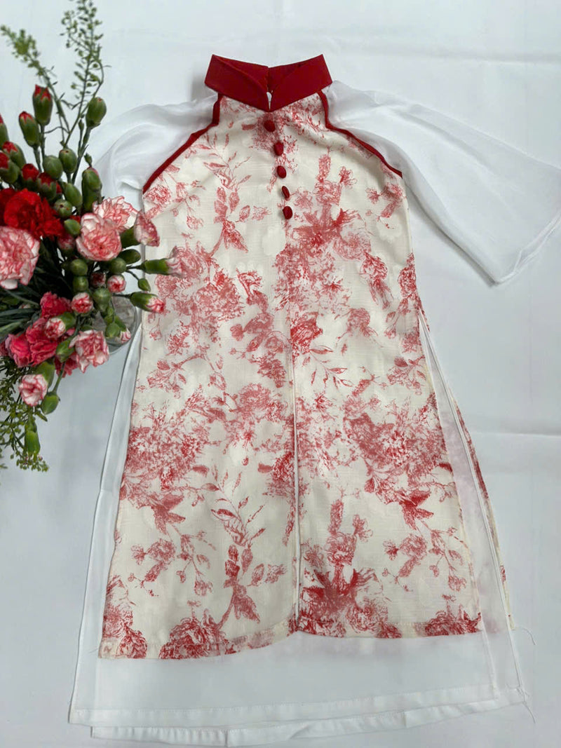 Ao dai with embroidery flowers | Traditional Kids Ao Dai Set | Ao Dai for Girls