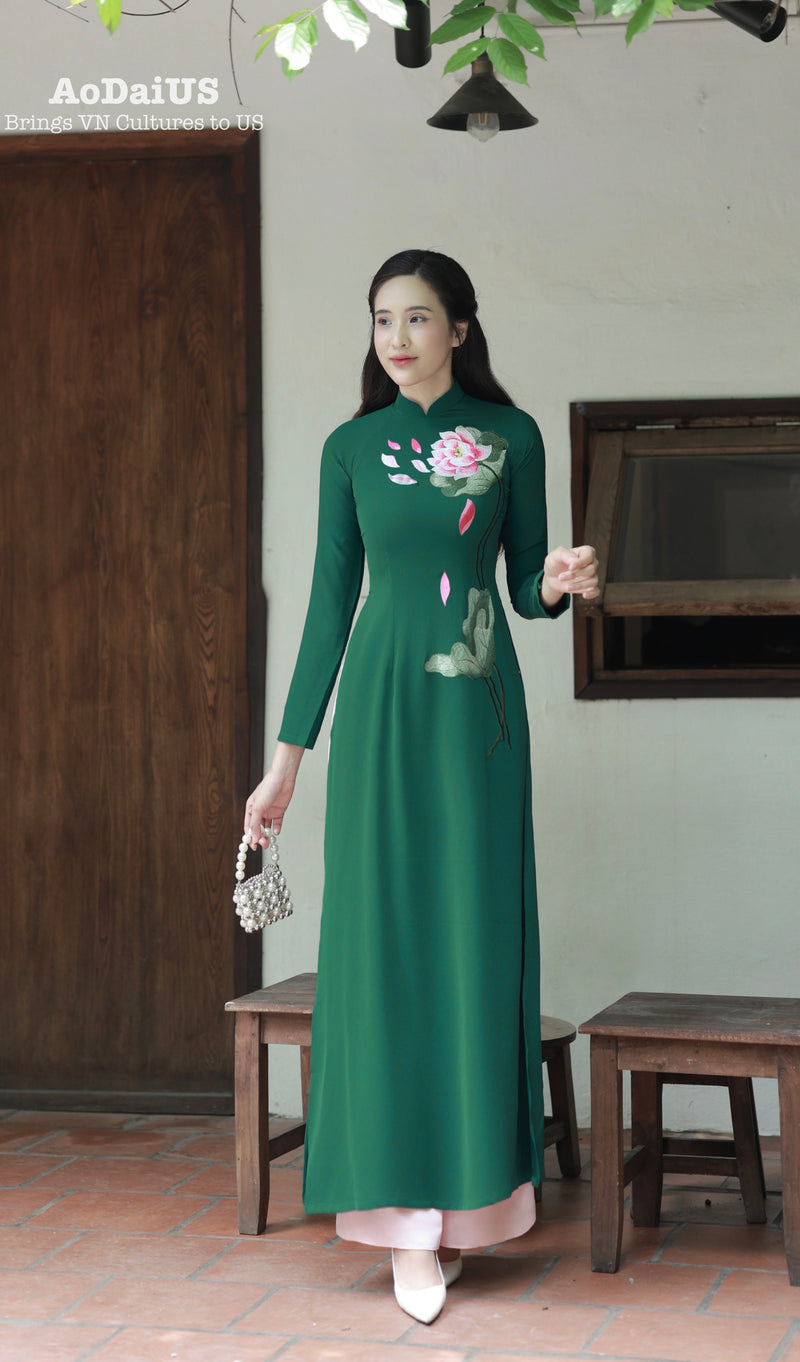 Elegant Navy Lotus Vietnamese Traditional Ao Dai Set A3