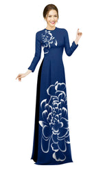 3D Printed Ao Dai For Women | Vietnamese Ao Dai - Round neck | Navy Ao Dai A37