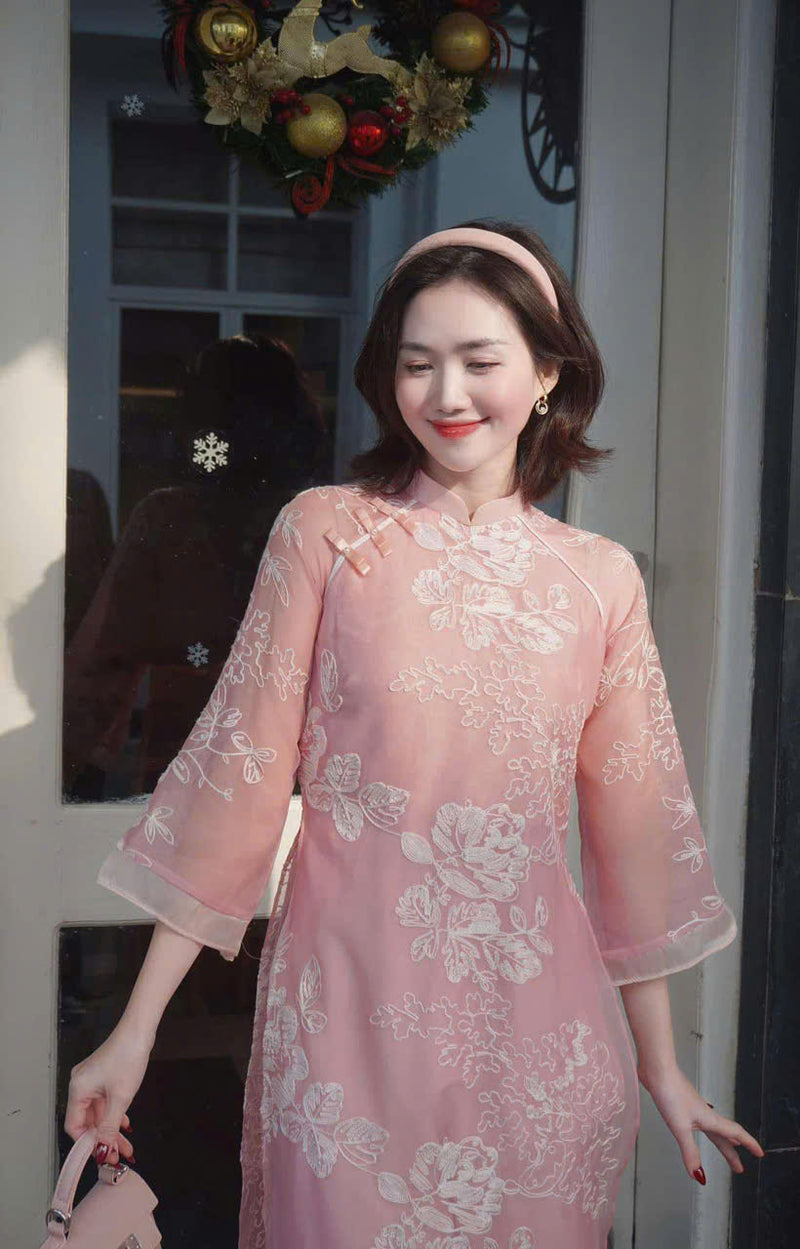 White Thread Rose Modernized Pink Ao Dai Set | Vietnamese Ao Dai | Áo Dài Cách Tân B16