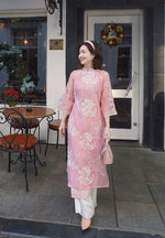 White Thread Rose Modernized Pink Ao Dai Set | Vietnamese Ao Dai | Áo Dài Cách Tân B16