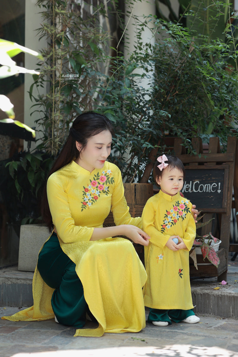 Vietnamese Ao Dai Yellow Floral Dress | Mother Daughter Matching Tet Outfit B5