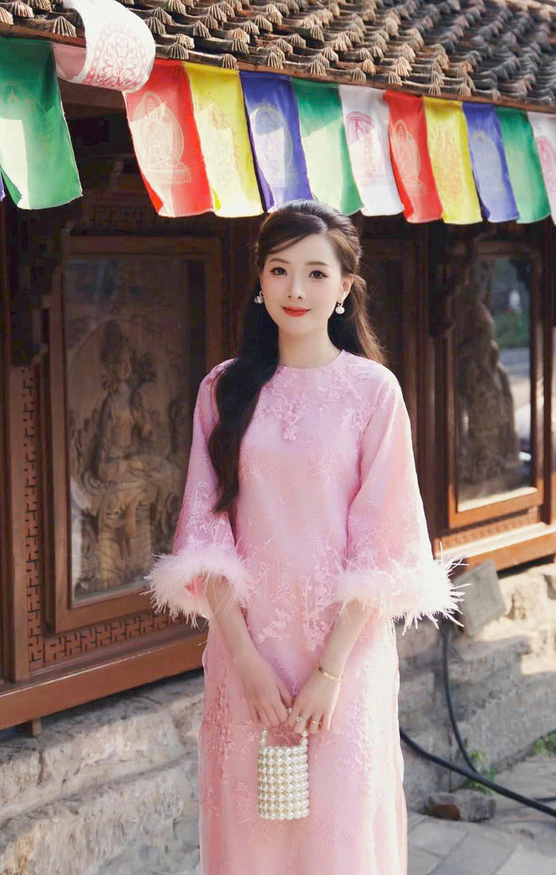 Pink Floral Lace Ao Dai NO PANTS | Ao Dai Vietnam | Vietnamese Loose-fitting Ao Dai For Women | Áo Dài Truyền Thống