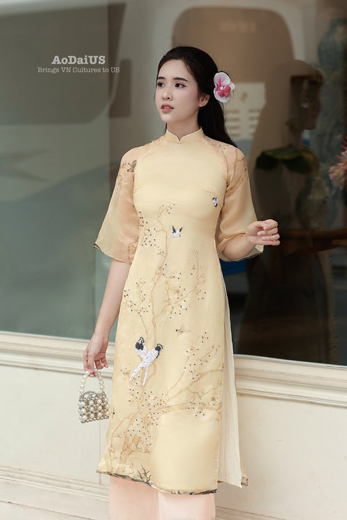 Xuan Ky Modern Ao Dai with Crystal Embellished Birds Flowers Set