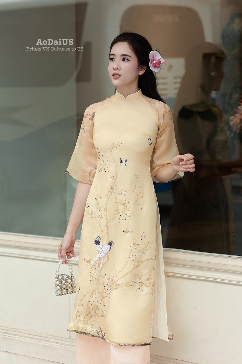 Xuan Ky Modern Ao Dai with Crystal Embellished Birds Flowers Set
