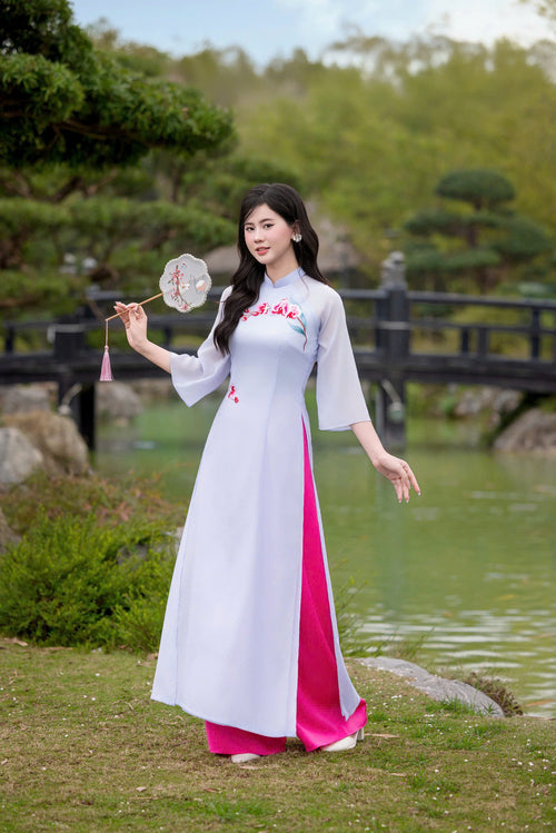 Orchids Embroidery Ao Dai Set | Áo Dài Truyền Thống Thêu Hoa Sen E13