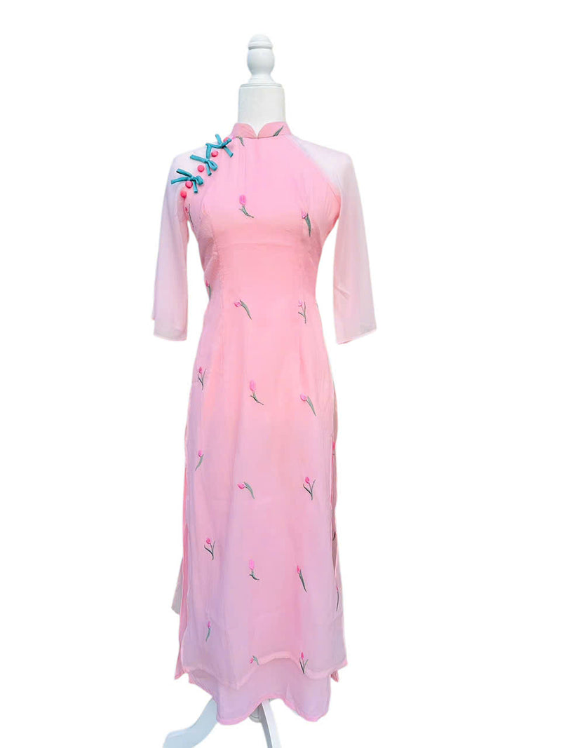 Tulip Embroidered Ao Dai For Women | Vietnamese Modernized Ao Dai Vietnam