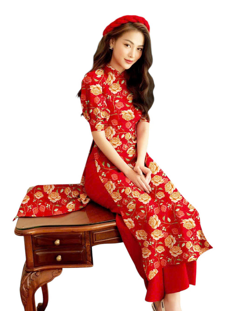 The Blooming Rose Modernized Red Ao Dai Set | Vietnamese Ao Dai | Áo Dài Cách Tân E11