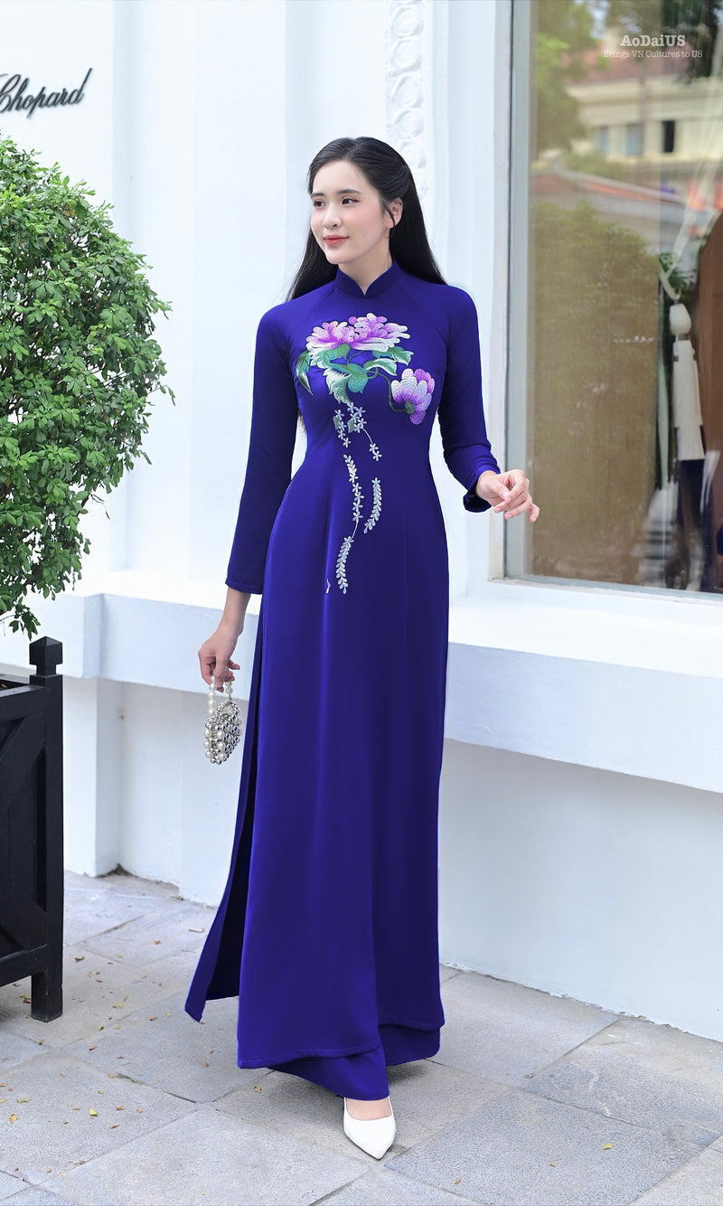 Sapphire Blossom Ao Dai Vietnamese Traditional Ao Dai No Pants C11