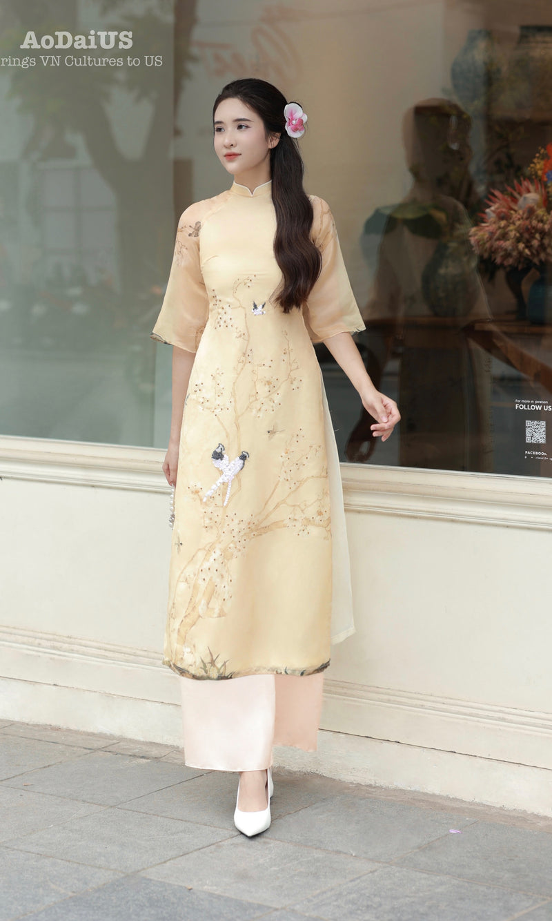 Xuan Ky Modern Ao Dai with Crystal Embellished Birds Flowers Set