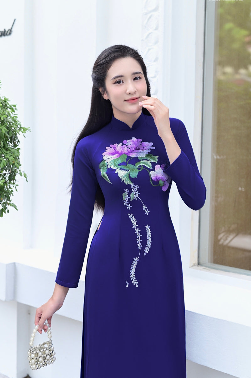 Sapphire Blossom Ao Dai Vietnamese Traditional Ao Dai No Pants C11