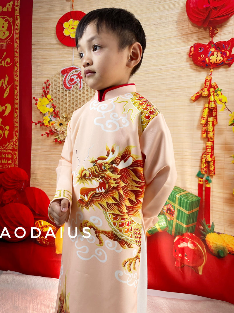 Peach 3D Dragon Ao Dai Kid | Dress For Boys | Áo Dài Bé Trai