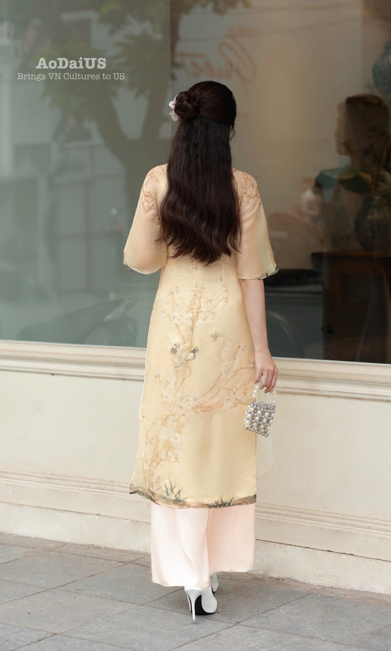 Xuan Ky Modern Ao Dai with Crystal Embellished Birds Flowers Set