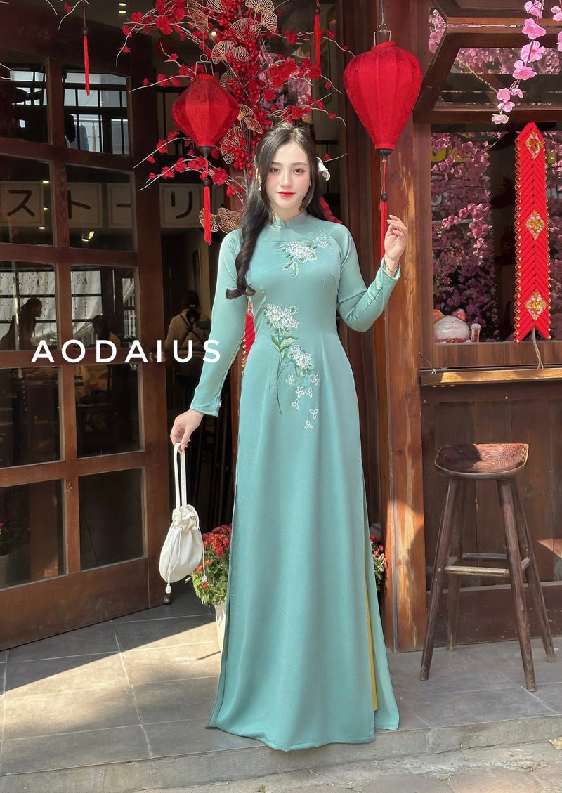 Mint Floral Embroidered Ao Dai For Women With Pants | Áo Dài Truyền Thống