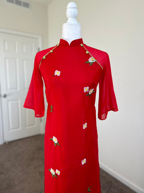 Modernized Red Ao Dai | Vietnamese Ao Dai with Flowers NO PANTS I6