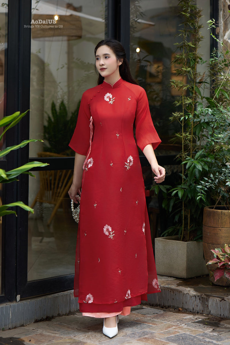 Red Floral Vietnamese Modernized Dress | Áo Dài Cách Tân I13