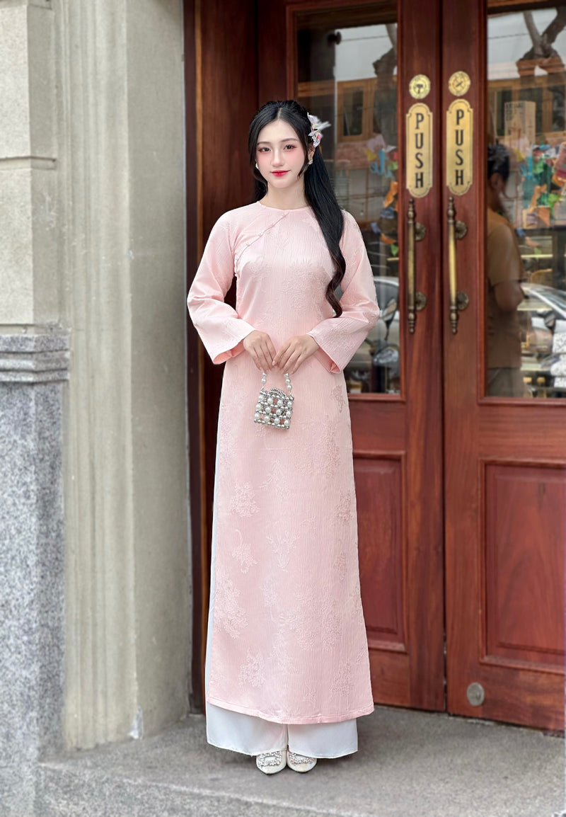 Pink Jacquard Floral Modern Vietnamese Ao Dai-No Pants | Áo Dài Cách Tân