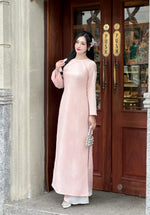 Pink Jacquard Floral Modern Vietnamese Ao Dai-No Pants | Áo Dài Cách Tân