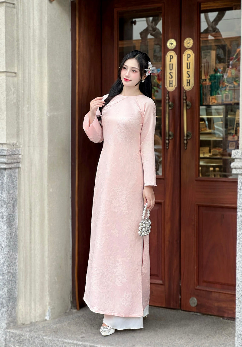 Pink Jacquard Floral Modern Vietnamese Ao Dai-No Pants | Áo Dài Cách Tân