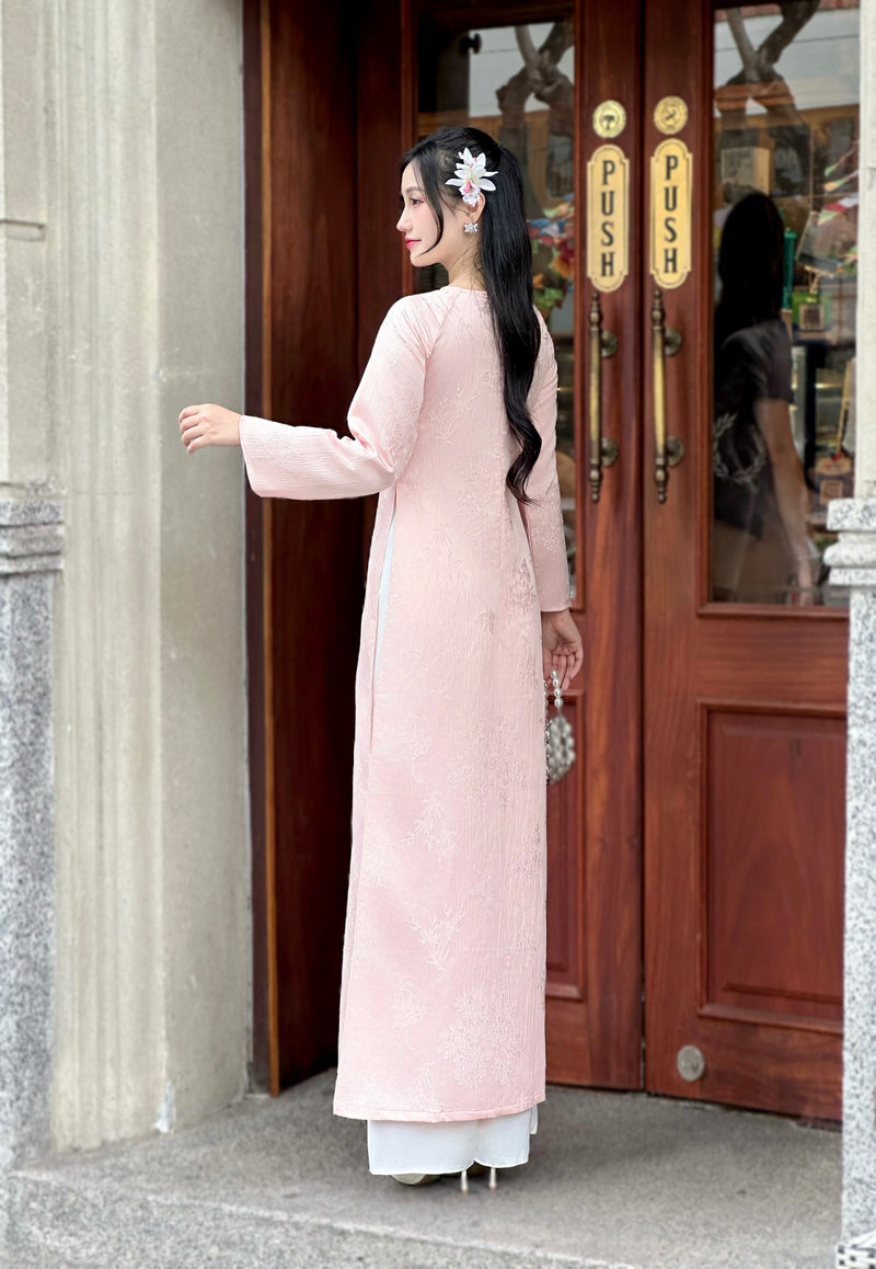 Pink Jacquard Floral Modern Vietnamese Ao Dai-No Pants | Áo Dài Cách Tân