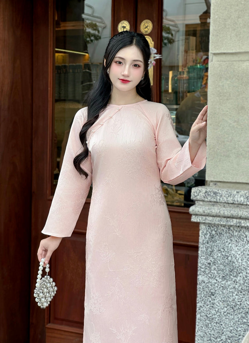 Pink Jacquard Floral Modern Vietnamese Ao Dai-No Pants | Áo Dài Cách Tân