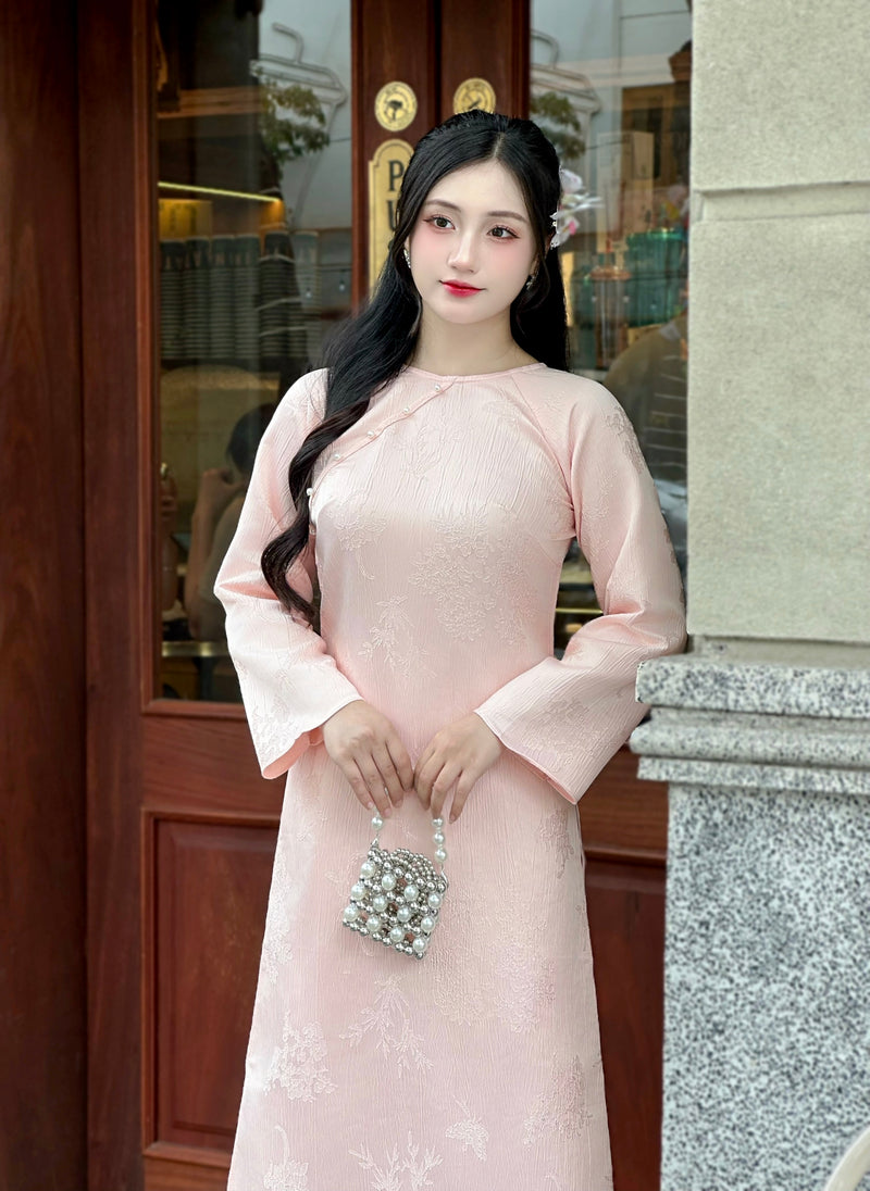 Pink Jacquard Floral Modern Vietnamese Ao Dai-No Pants | Áo Dài Cách Tân