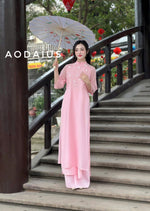 Pink\ Cyan Mini Floral Plastic Ao Dai For Women | Vietnamese Modernized Dress