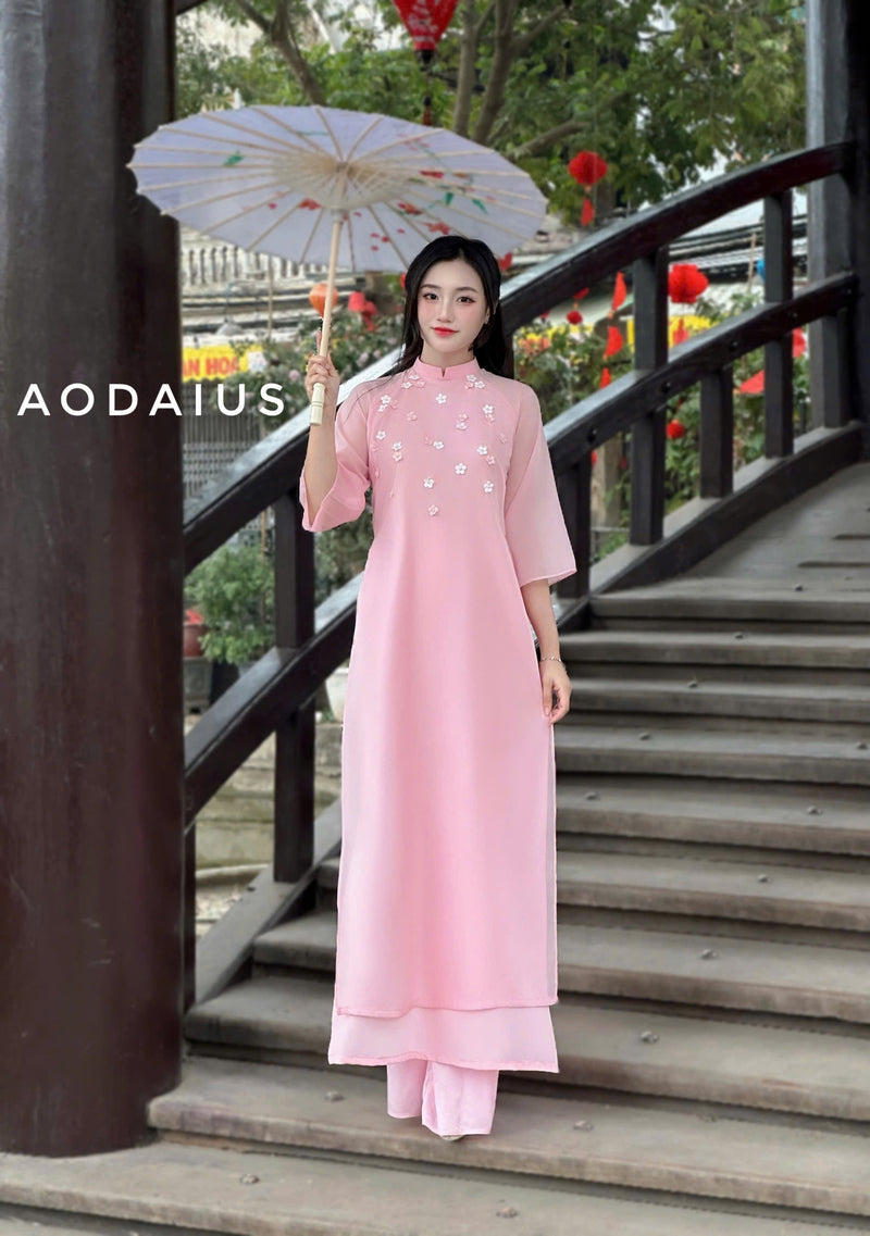 Pink\ Cyan Mini Floral Plastic Ao Dai For Women | Vietnamese Modernized Dress