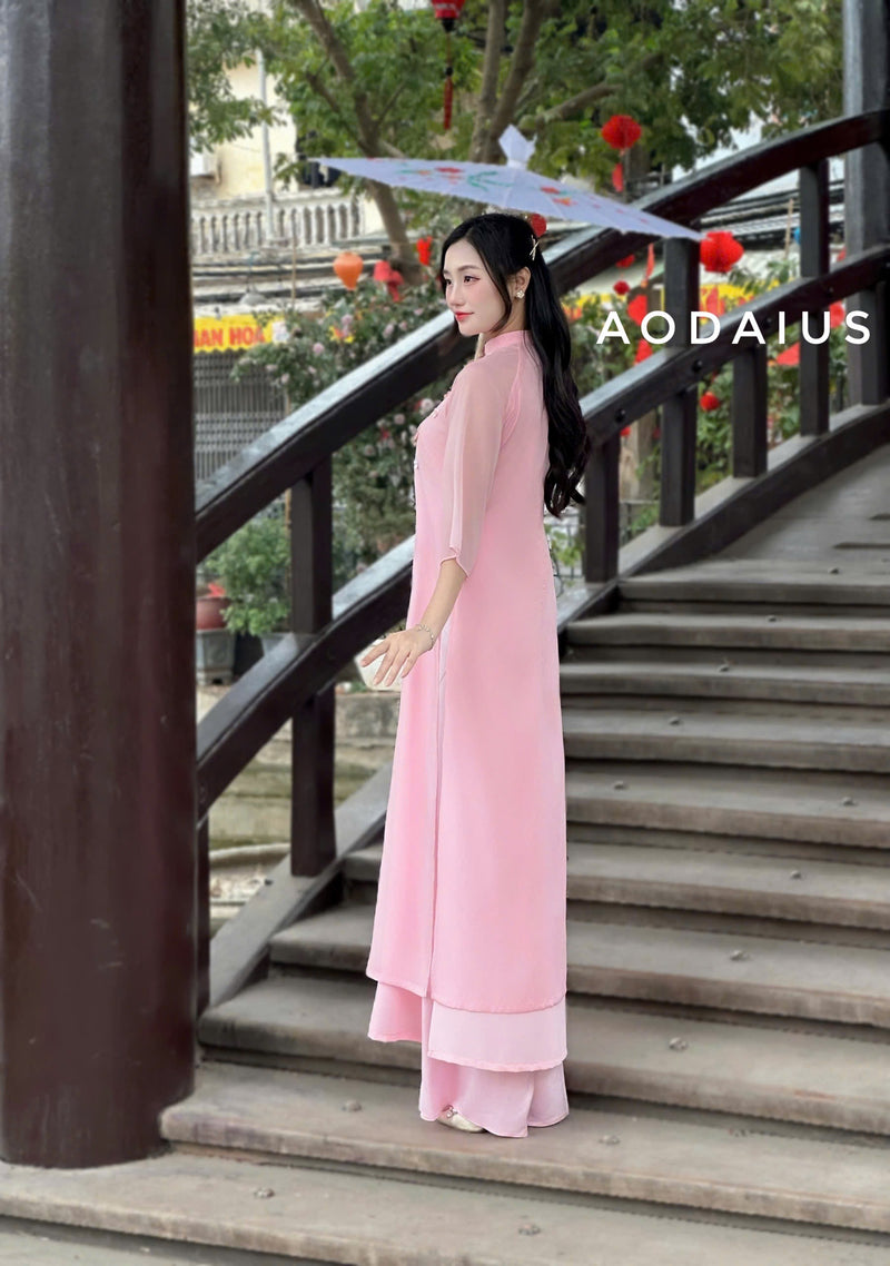 Pink\ Cyan Mini Floral Plastic Ao Dai For Women | Vietnamese Modernized Dress