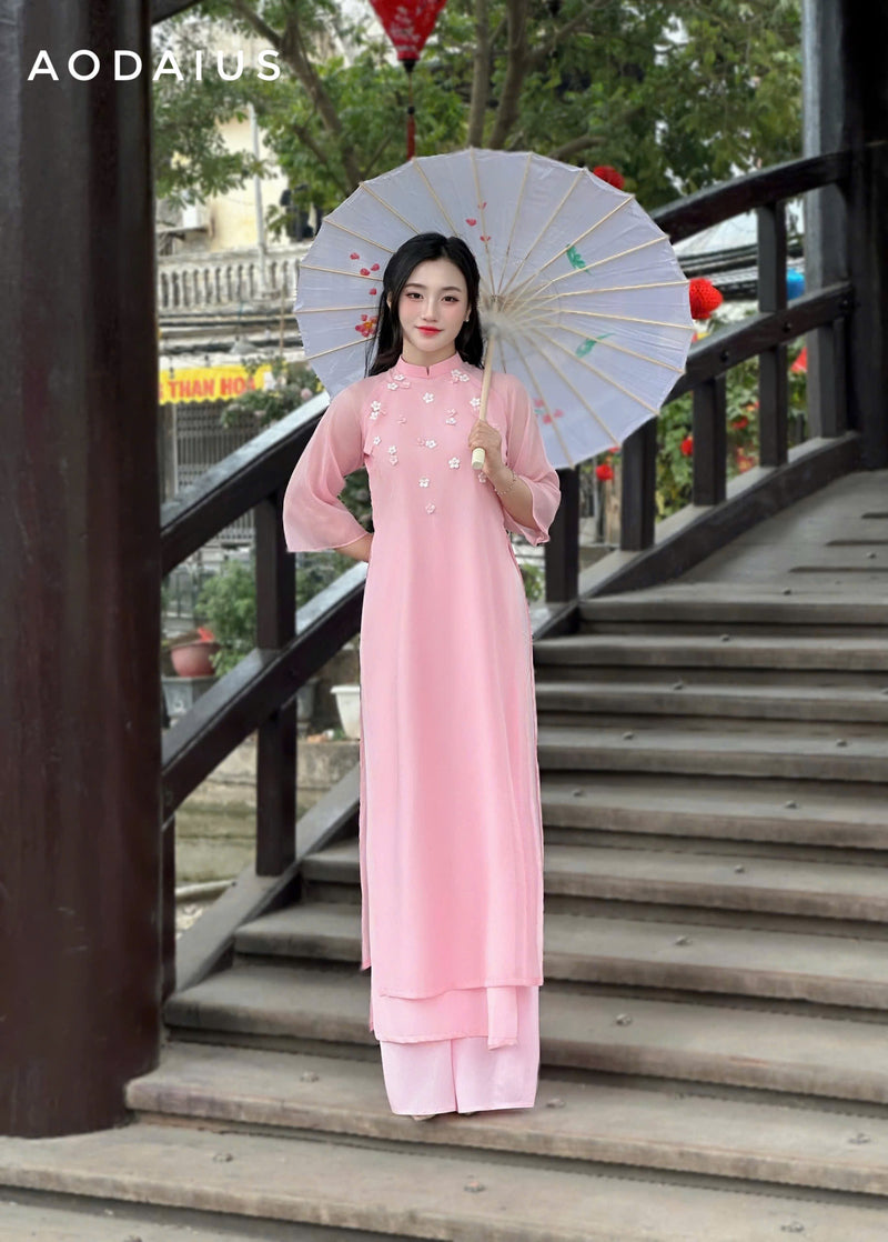 Pink\ Cyan Mini Floral Plastic Ao Dai For Women | Vietnamese Modernized Dress