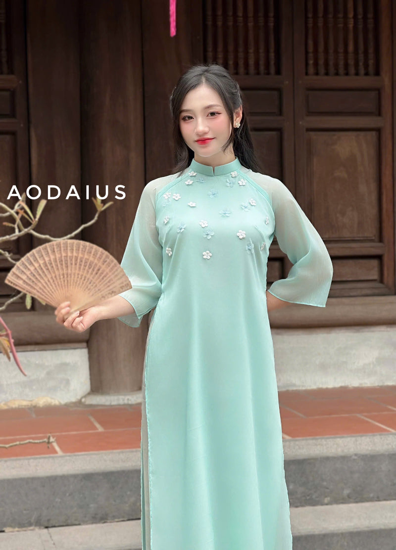 Pink\ Cyan Mini Floral Plastic Ao Dai For Women | Vietnamese Modernized Dress