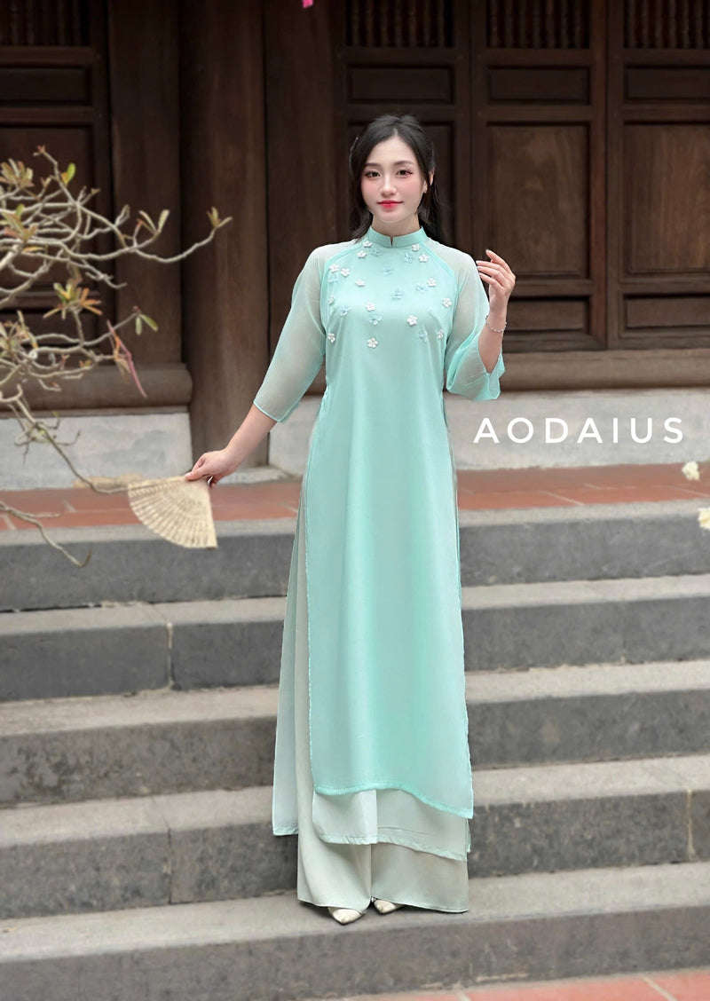 Pink\ Cyan Mini Floral Plastic Ao Dai For Women | Vietnamese Modernized Dress