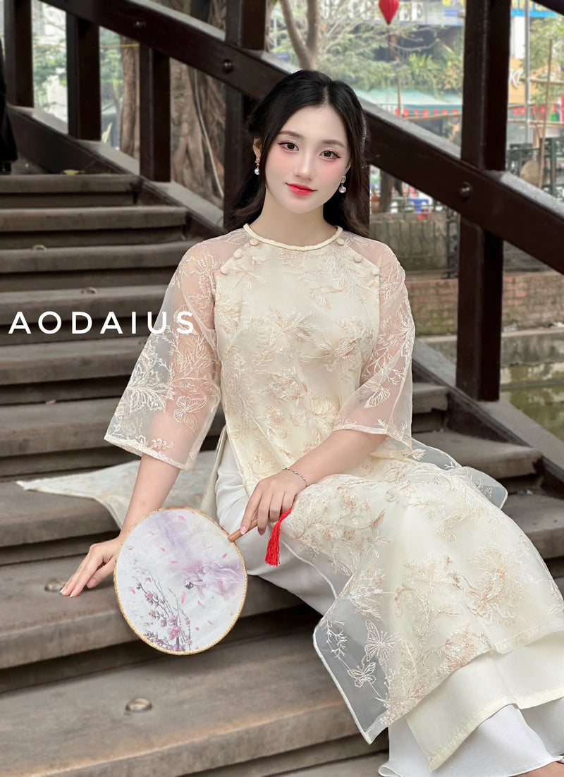 Beige Lace Ao Dai For Women | Vietnamese Modernized Dress