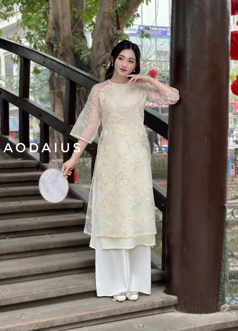 Beige Lace Ao Dai For Women | Vietnamese Modernized Dress