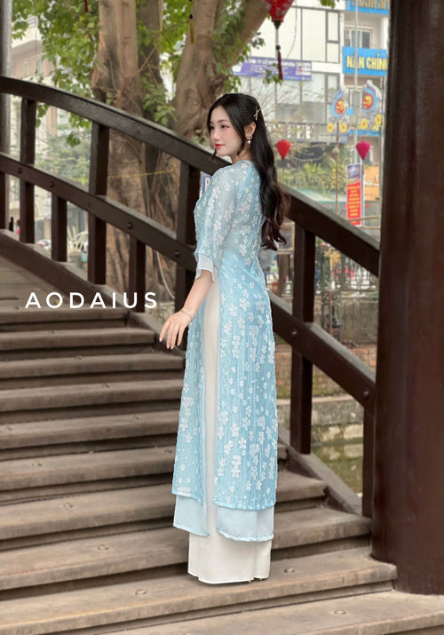 Blue Tie Bow Ao Dai For Women-NO PANTS | Vietnamese Modernized Dress