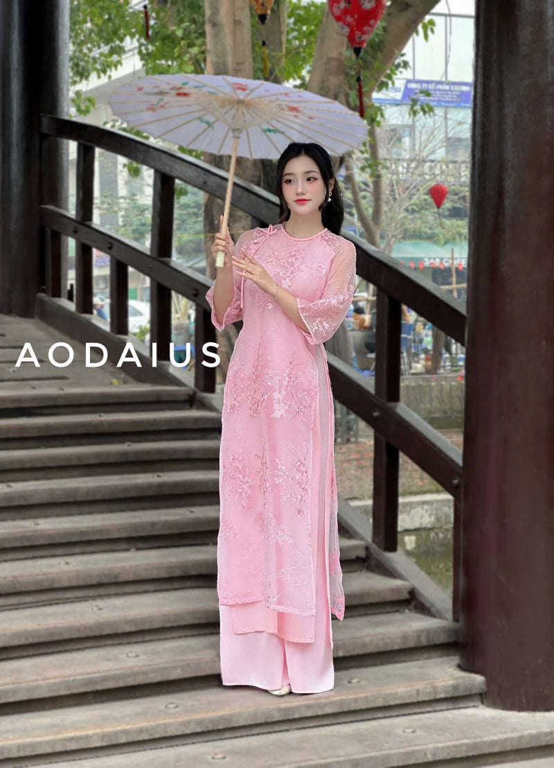 PINK Tieded Neck Ao Dai For Women | Vietnamese Modernized Dress