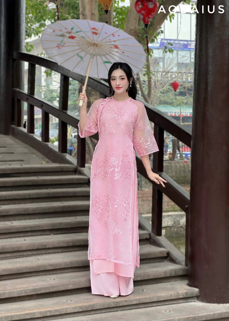 PINK Tieded Neck Ao Dai For Women | Vietnamese Modernized Dress