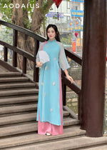 Blue Ao Dai Dress with Flower Bunch | Vietnamese Modernized Dress