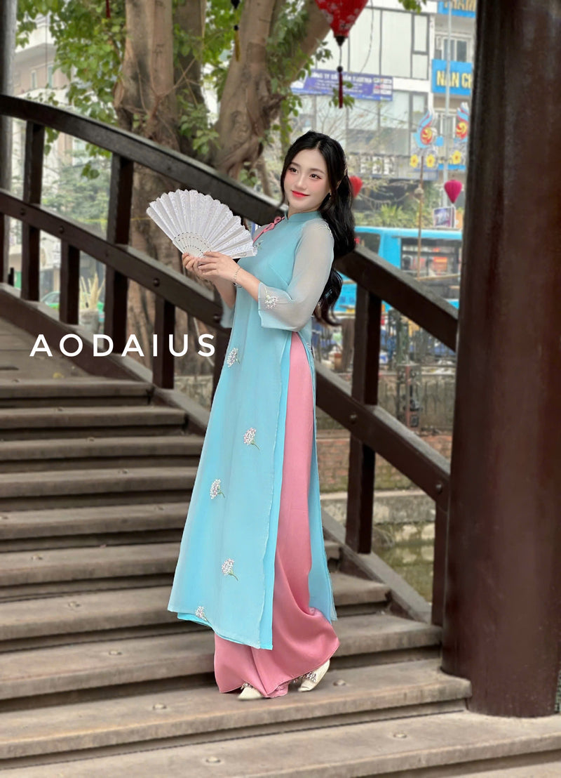 Blue Ao Dai Dress with Flower Bunch | Vietnamese Modernized Dress