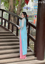 Blue Ao Dai Dress with Flower Bunch | Vietnamese Modernized Dress