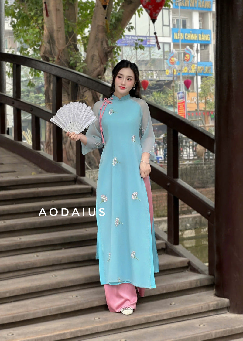 Blue Ao Dai Dress with Flower Bunch | Vietnamese Modernized Dress